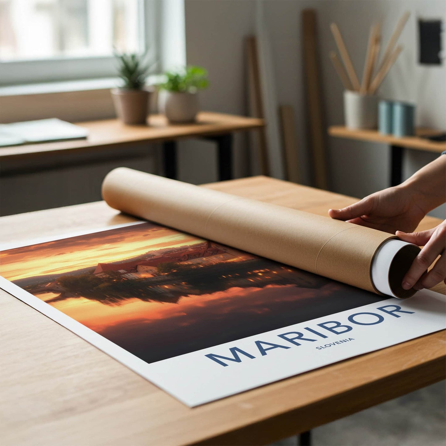 Maribor Poster - Slovenia Travel Art - Riverfront Sunset Glow Home Decor