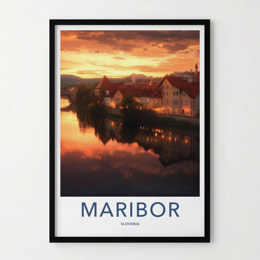 Maribor Poster - Slovenia Travel Art - Riverfront Sunset Glow Home Decor
