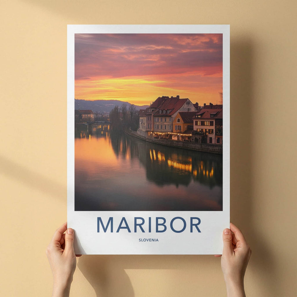 Maribor Poster - Slovenia Travel Art - Riverside Sunset Glow Wall Decor