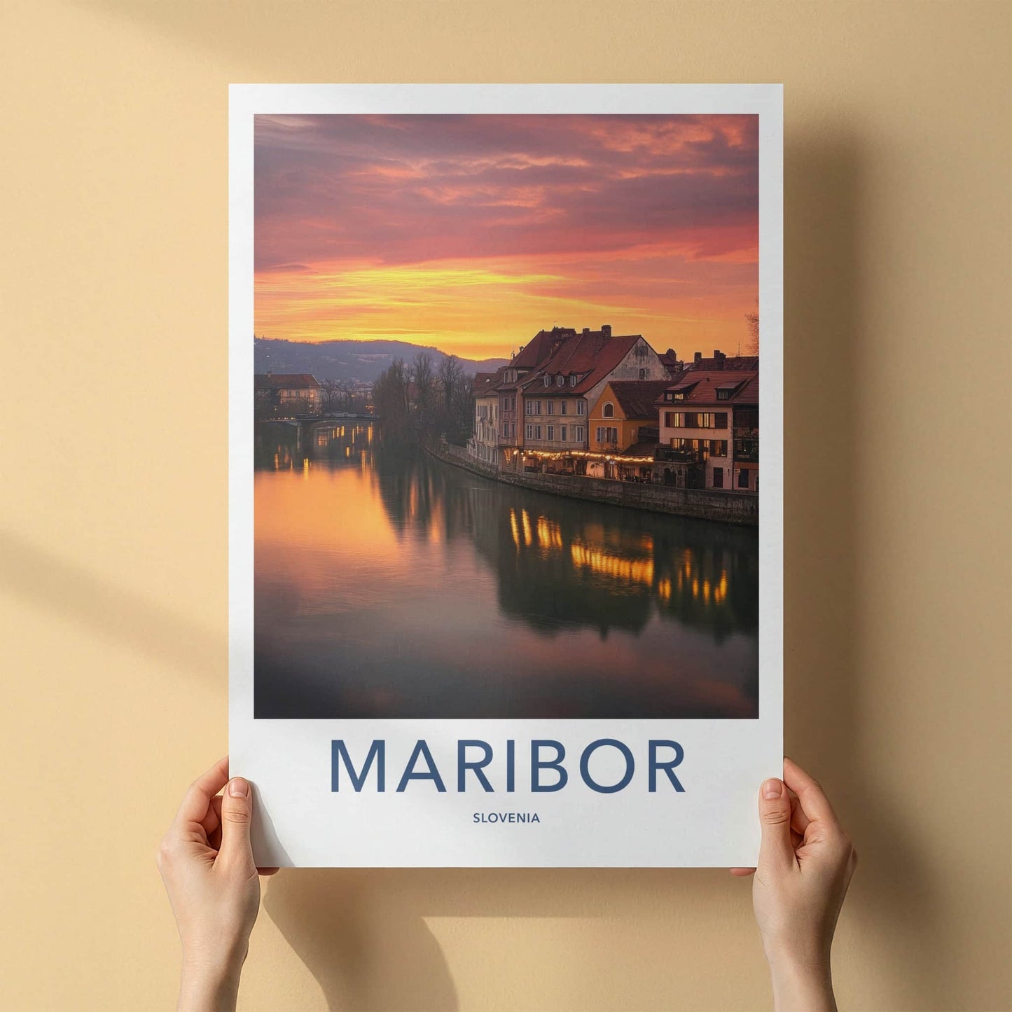 Maribor Poster - Slovenia Travel Art - Riverside Sunset Glow Wall Decor