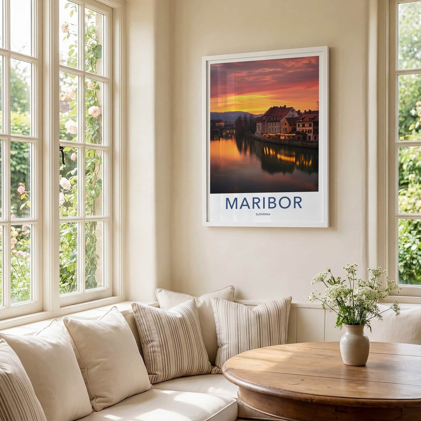 Maribor Poster - Slovenia Travel Art - Riverside Sunset Glow Wall Decor