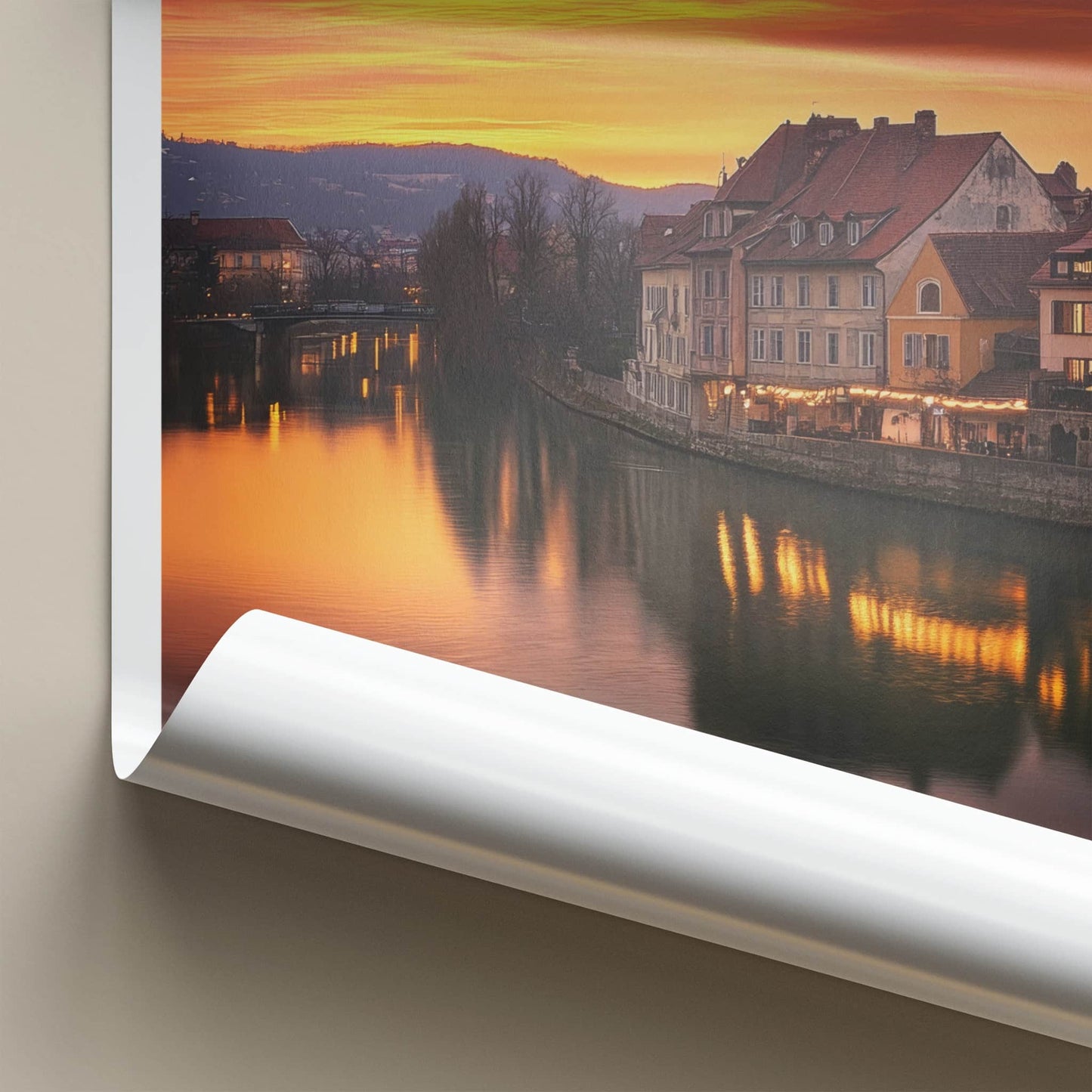 Maribor Poster - Slovenia Travel Art - Riverside Sunset Glow Wall Decor