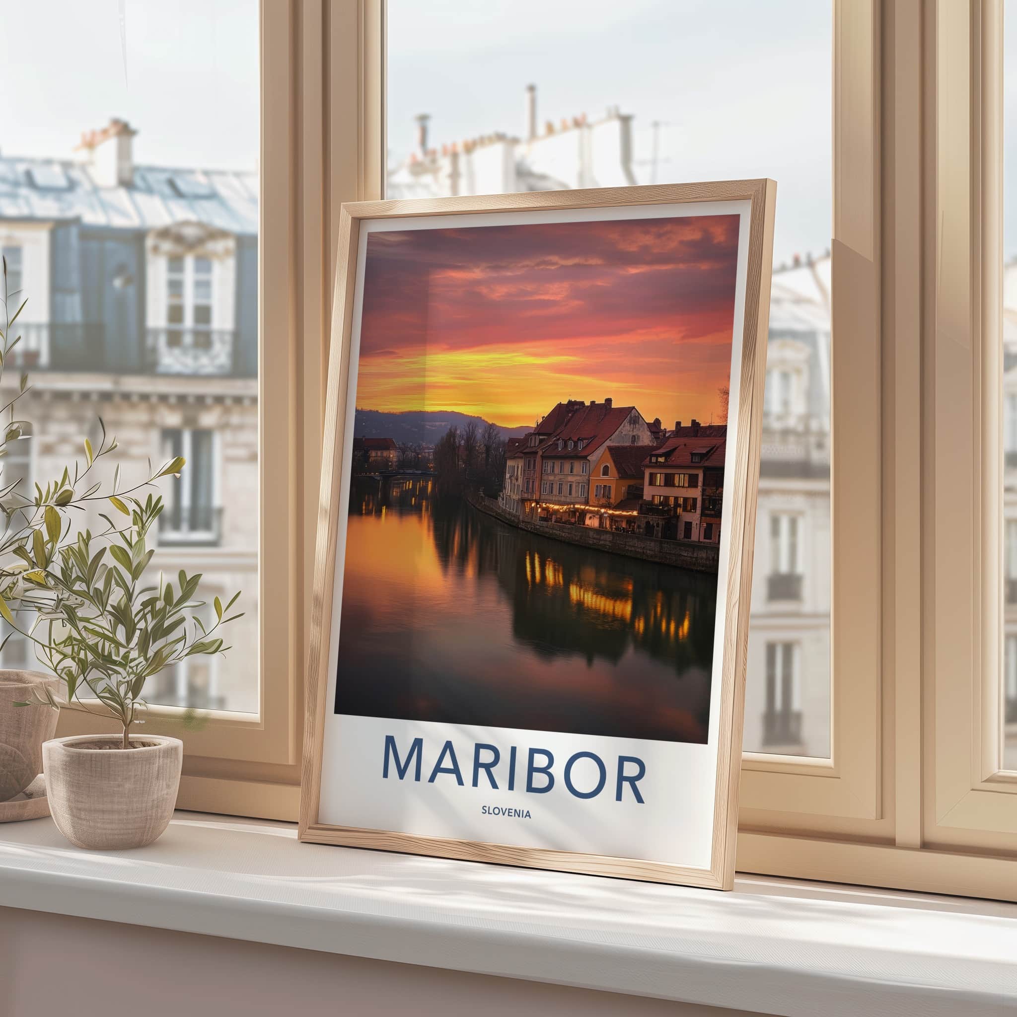 Maribor Poster - Slovenia Travel Art - Riverside Sunset Glow Wall Decor