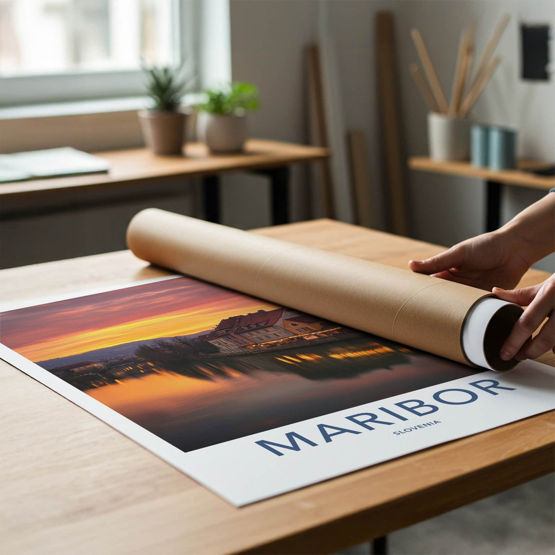 Maribor Poster - Slovenia Travel Art - Riverside Sunset Glow Wall Decor