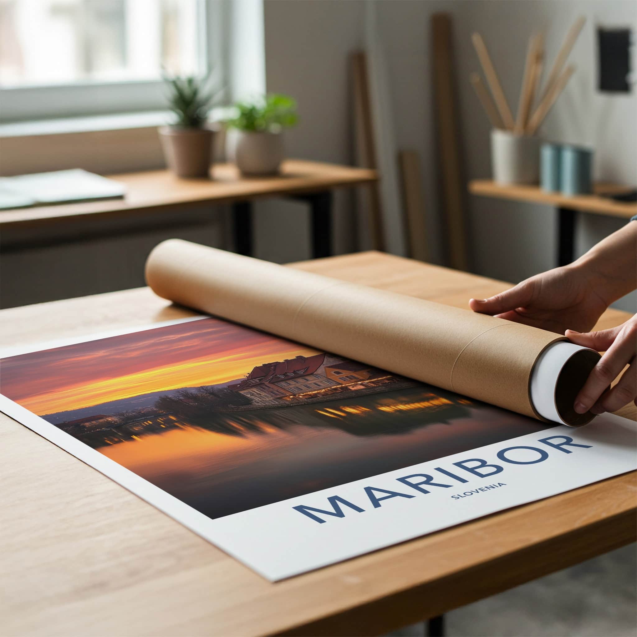 Maribor Poster - Slovenia Travel Art - Riverside Sunset Glow Wall Decor