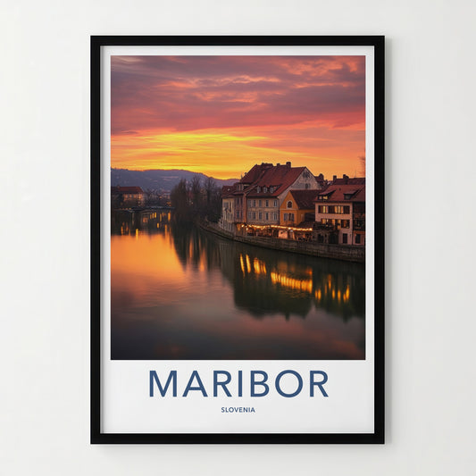 Maribor Poster - Slovenia Travel Art - Riverside Sunset Glow Wall Decor
