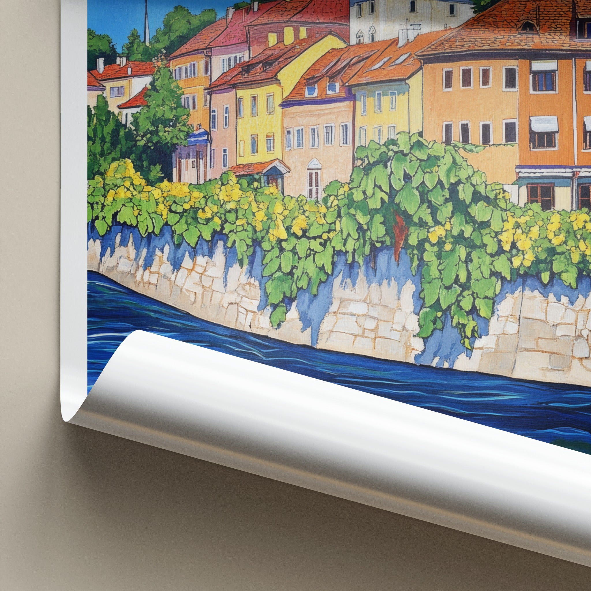 Maribor Poster - Slovenia Travel Art - Vibrant Riverside Town Home Decor