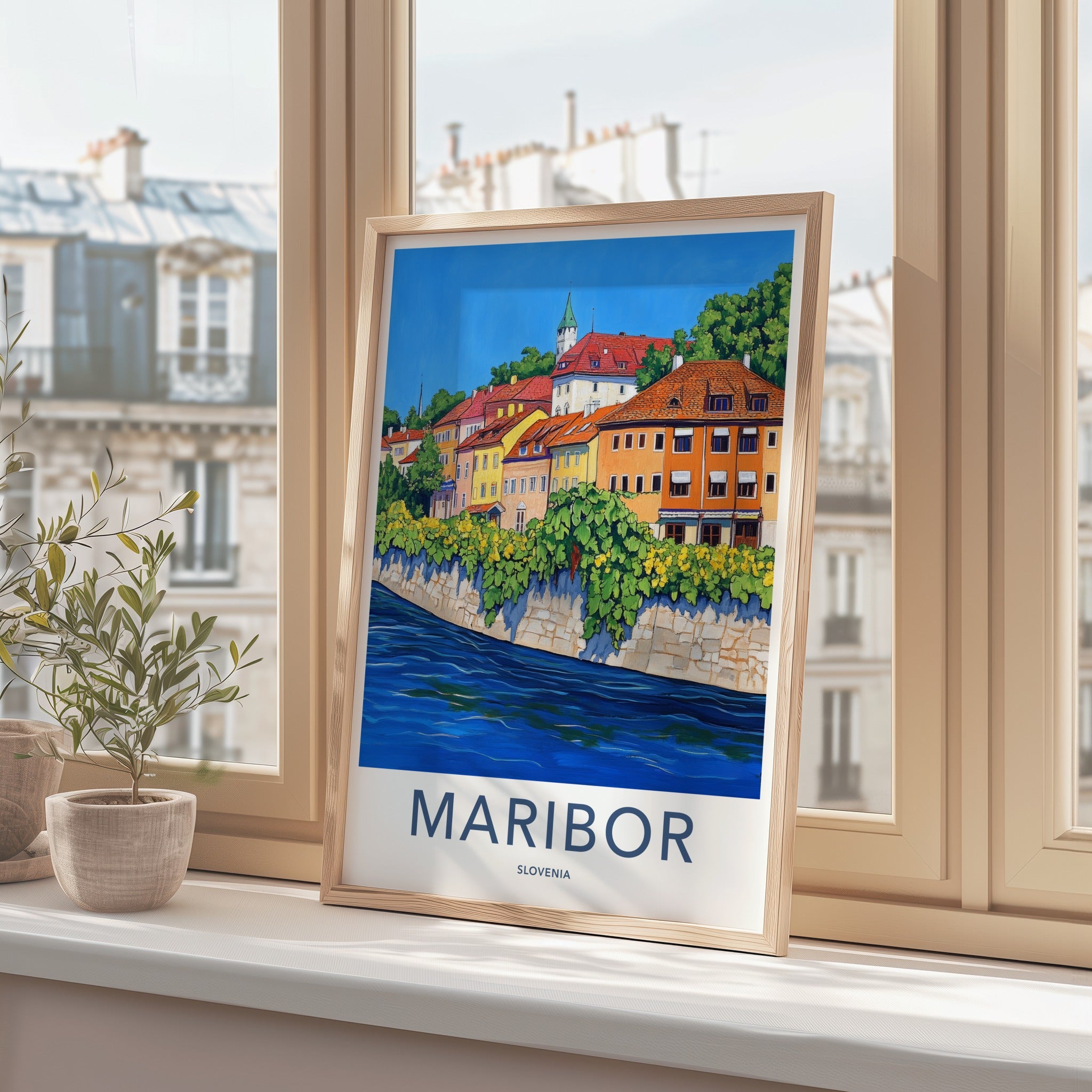 Maribor Poster - Slovenia Travel Art - Vibrant Riverside Town Home Decor