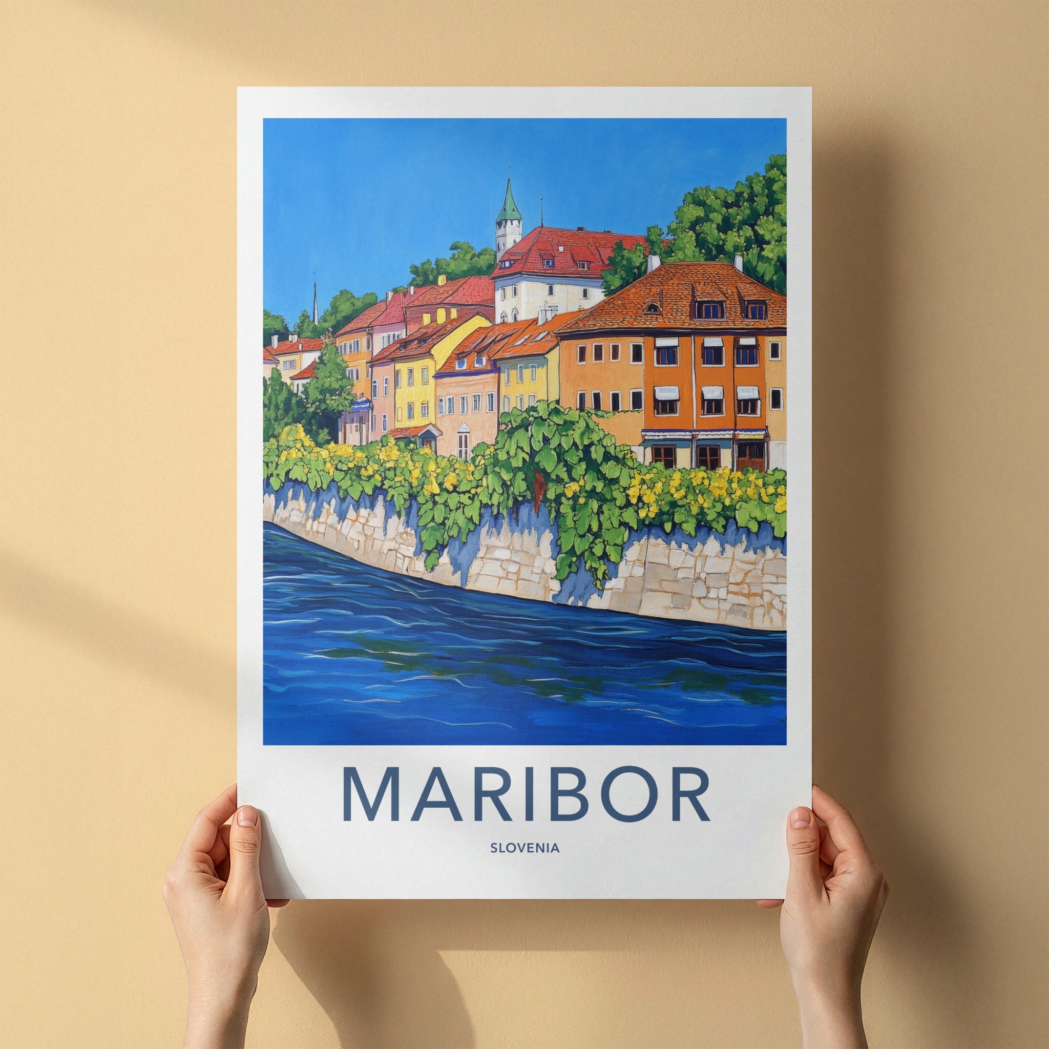 Maribor Poster - Slovenia Travel Art - Vibrant Riverside Town Home Decor
