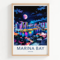 Marina Bay Poster - Singapore Travel Art - Vibrant Skyline Moon Home Decor