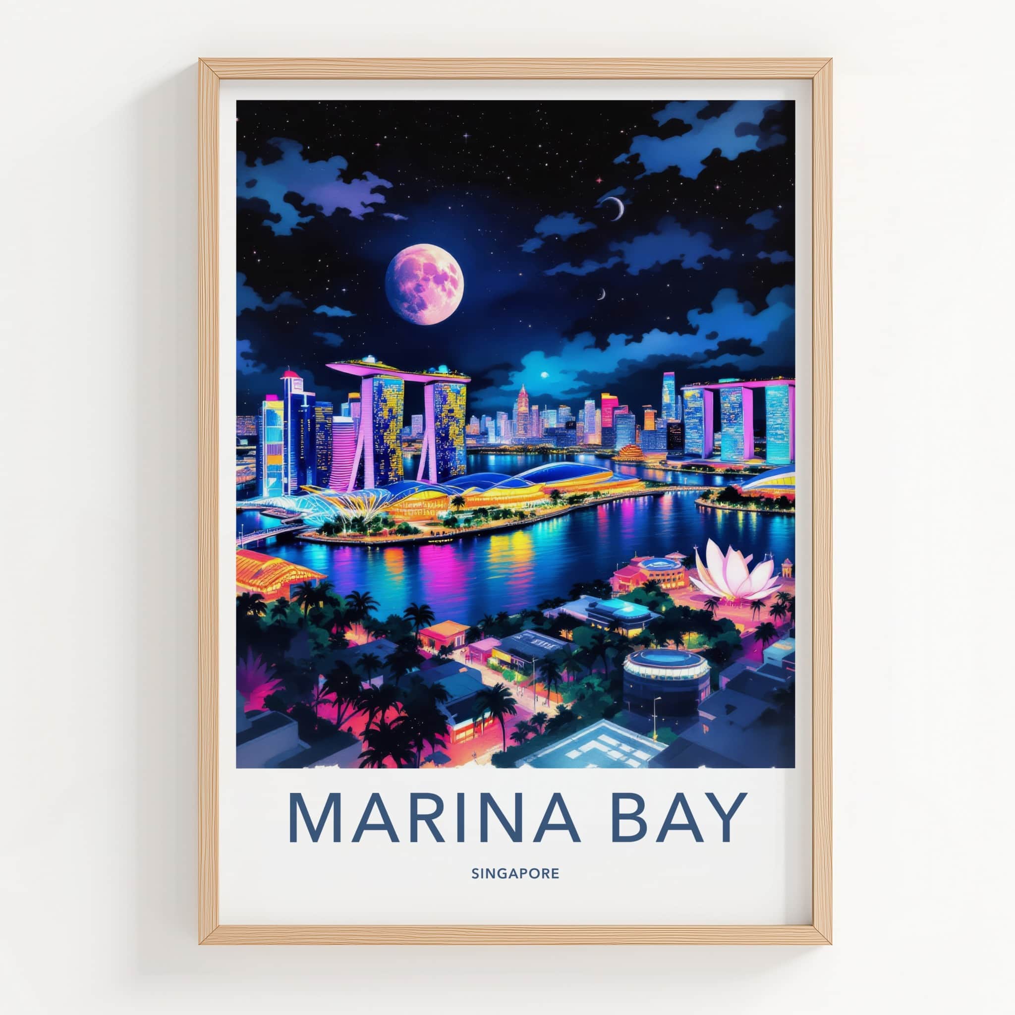 Marina Bay Poster - Singapore Travel Art - Vibrant Skyline Moon Home Decor