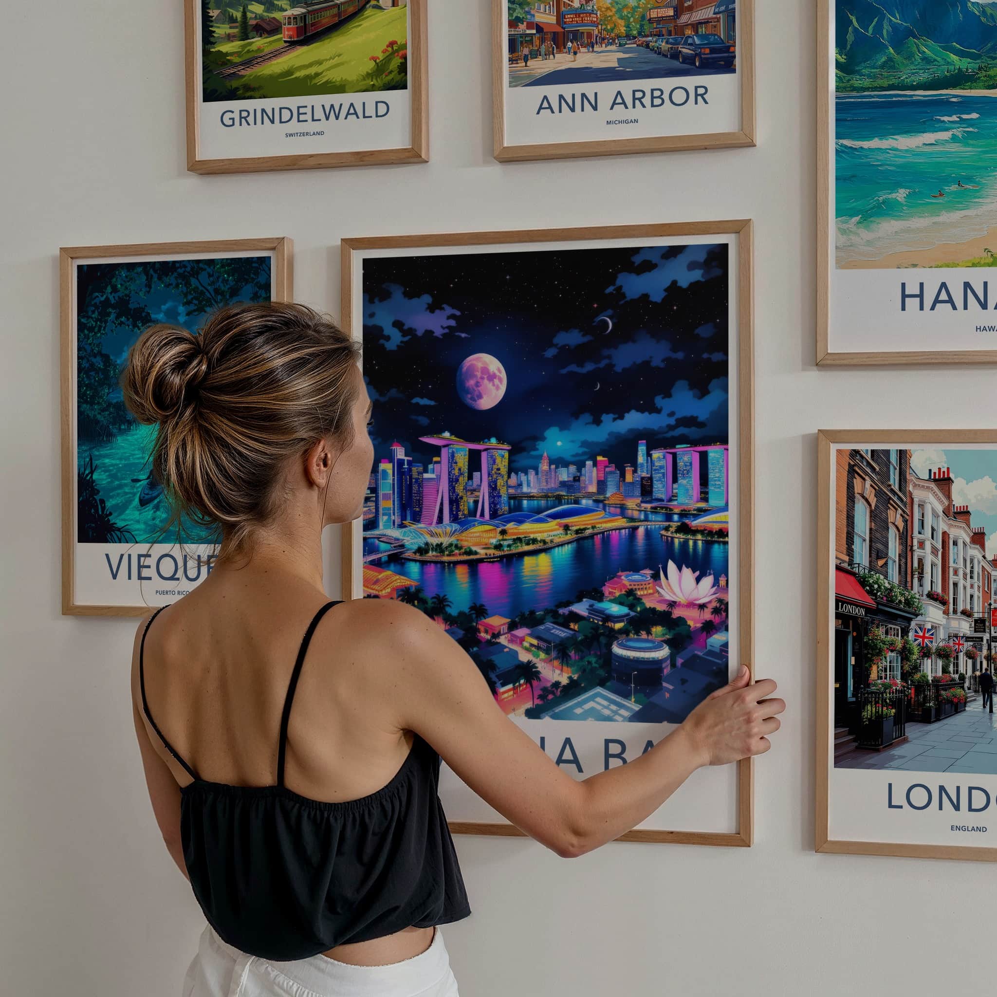 Marina Bay Poster - Singapore Travel Art - Vibrant Skyline Moon Home Decor
