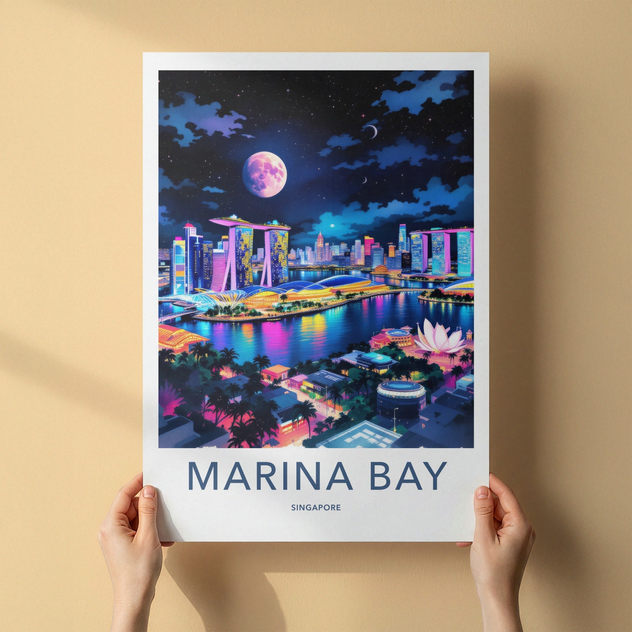 Marina Bay Poster - Singapore Travel Art - Vibrant Skyline Moon Home Decor