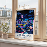 Marina Bay Poster - Singapore Travel Art - Vibrant Skyline Moon Home Decor