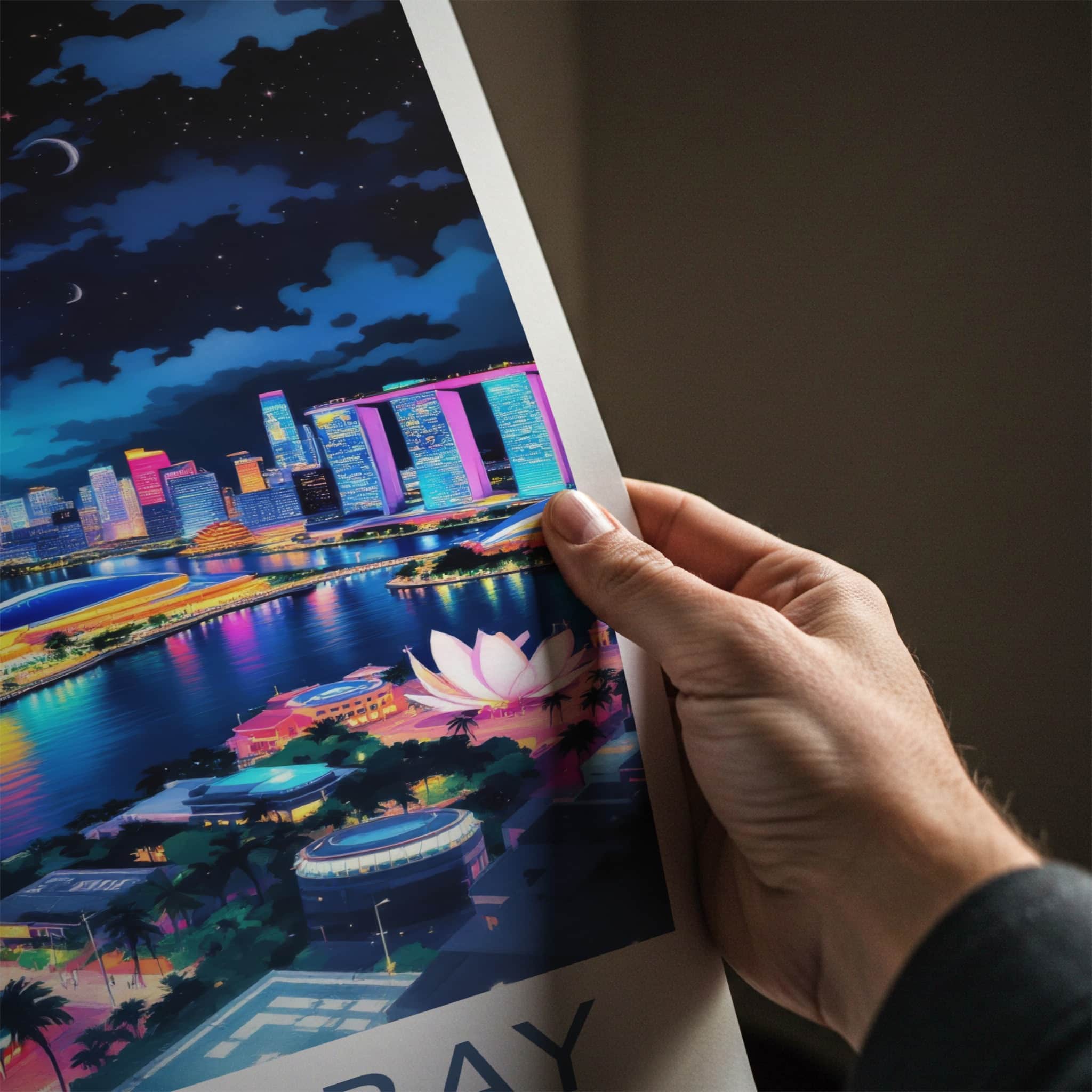 Marina Bay Poster - Singapore Travel Art - Vibrant Skyline Moon Home Decor