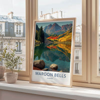 Maroon Bells Poster - Colorado Travel Art - Autumn Mountain Lake Home Decor