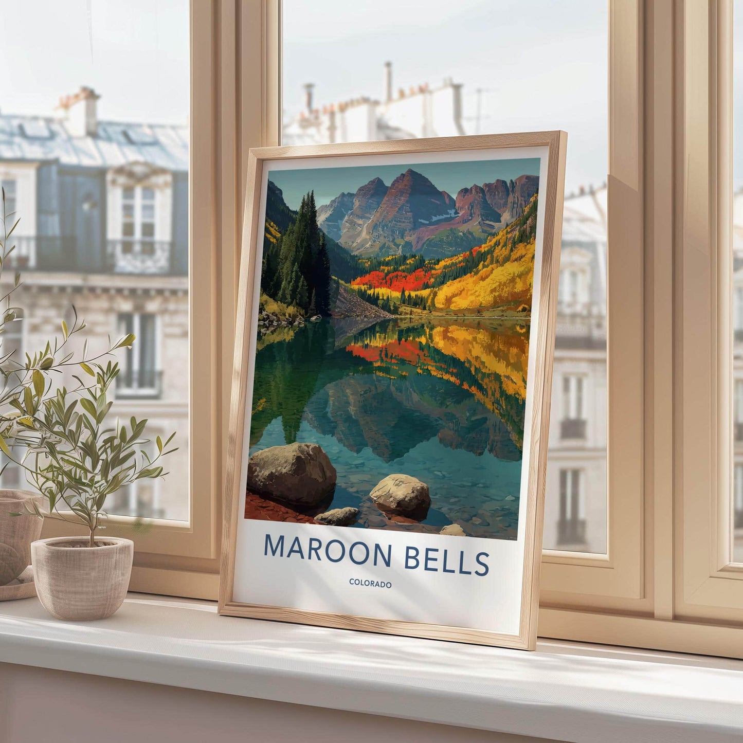 Maroon Bells Poster - Colorado Travel Art - Autumn Mountain Lake Home Decor