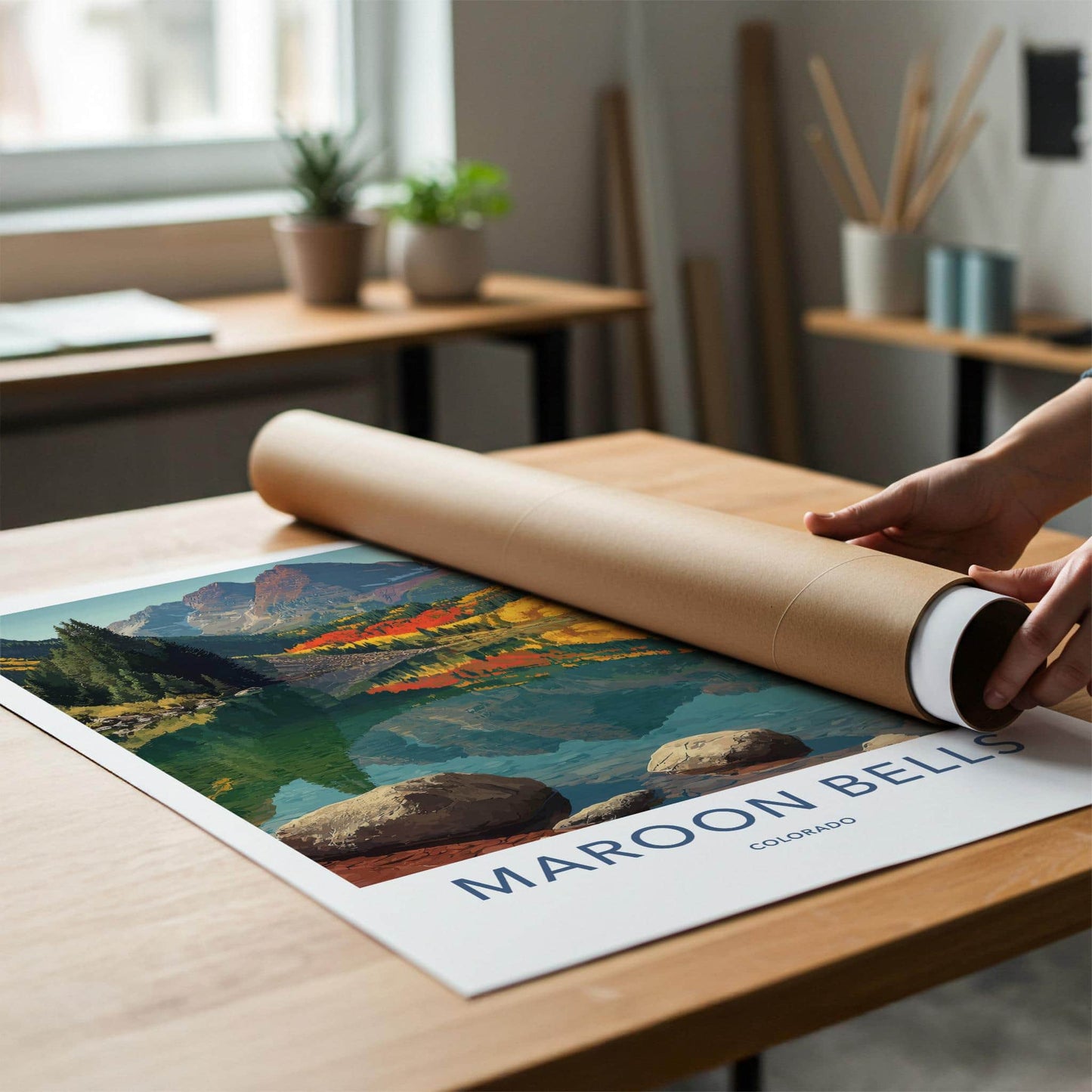 Maroon Bells Poster - Colorado Travel Art - Autumn Mountain Lake Home Decor