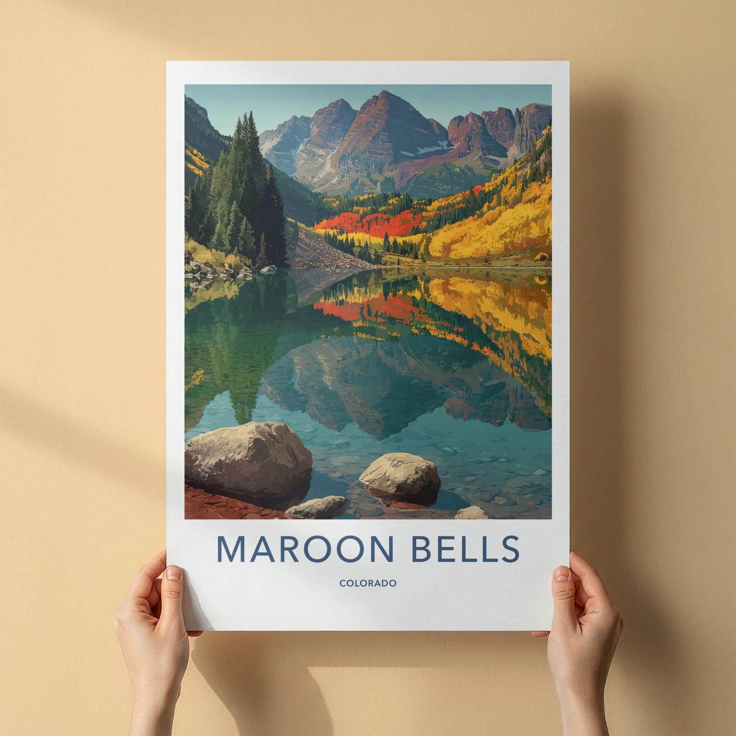 Maroon Bells Poster - Colorado Travel Art - Autumn Mountain Lake Home Decor