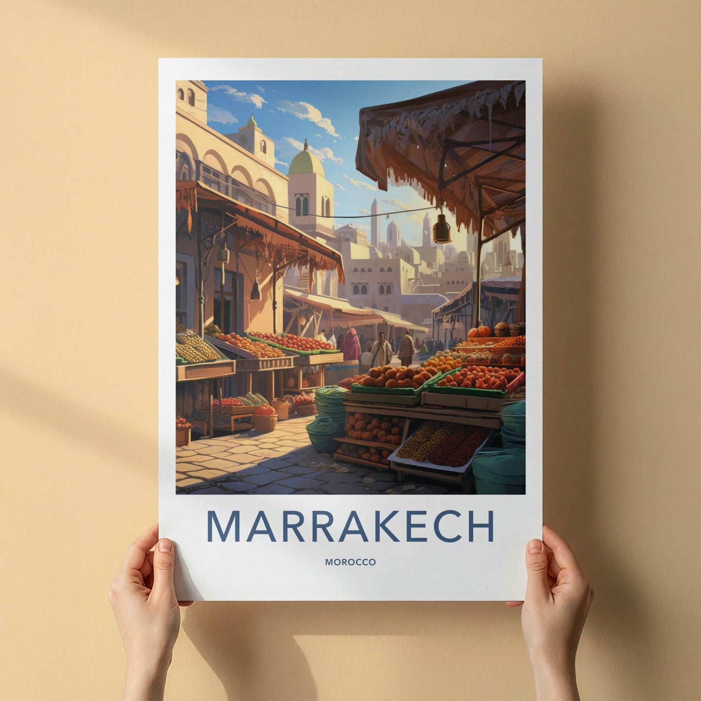 Marrakech Poster - Morocco Travel Art - Lively street market Home Decor