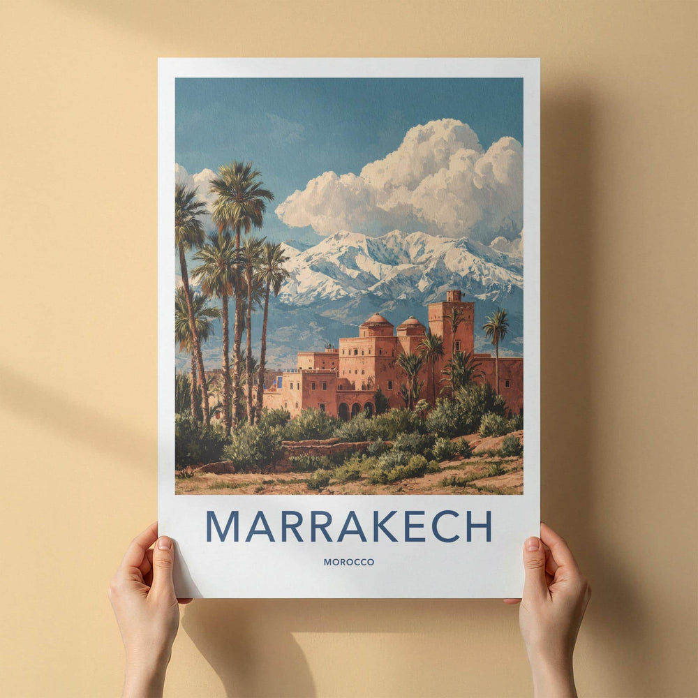 Marrakech Poster - Morocco Travel Art - Palm Oasis Mountains Home Decor