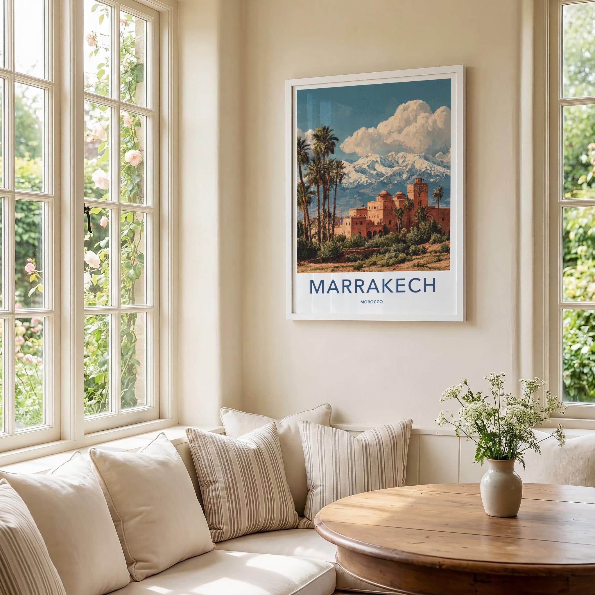 Marrakech Poster - Morocco Travel Art - Palm Oasis Mountains Home Decor
