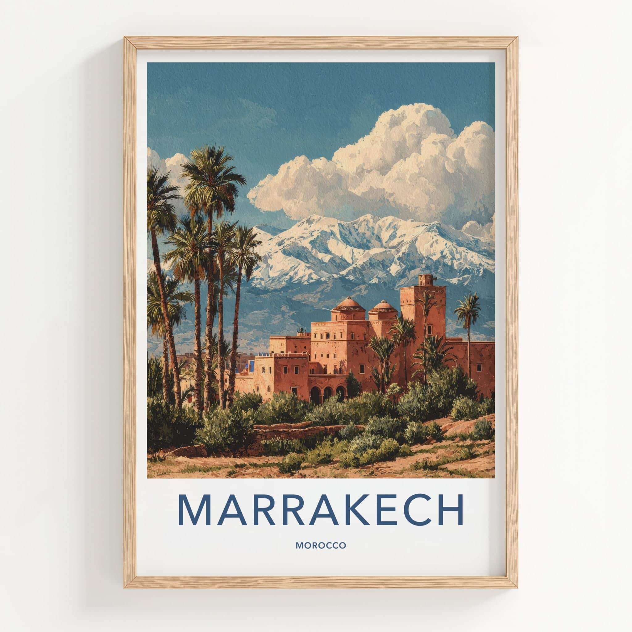 Marrakech Poster - Morocco Travel Art - Palm Oasis Mountains Home Decor