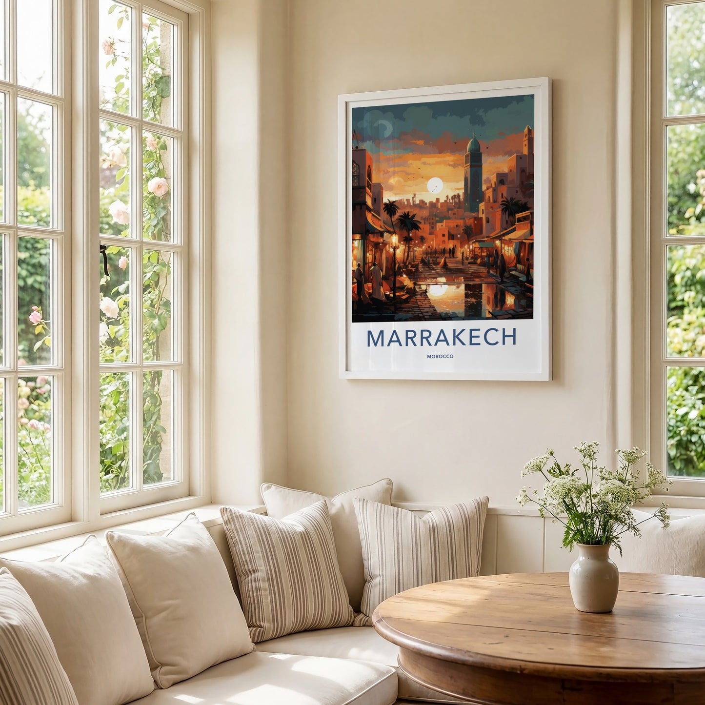 Marrakech Poster - Morocco Travel Art - Vibrant Market Sunset Home Decor