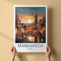 Marrakech Poster - Morocco Travel Art - Vibrant Market Sunset Home Decor