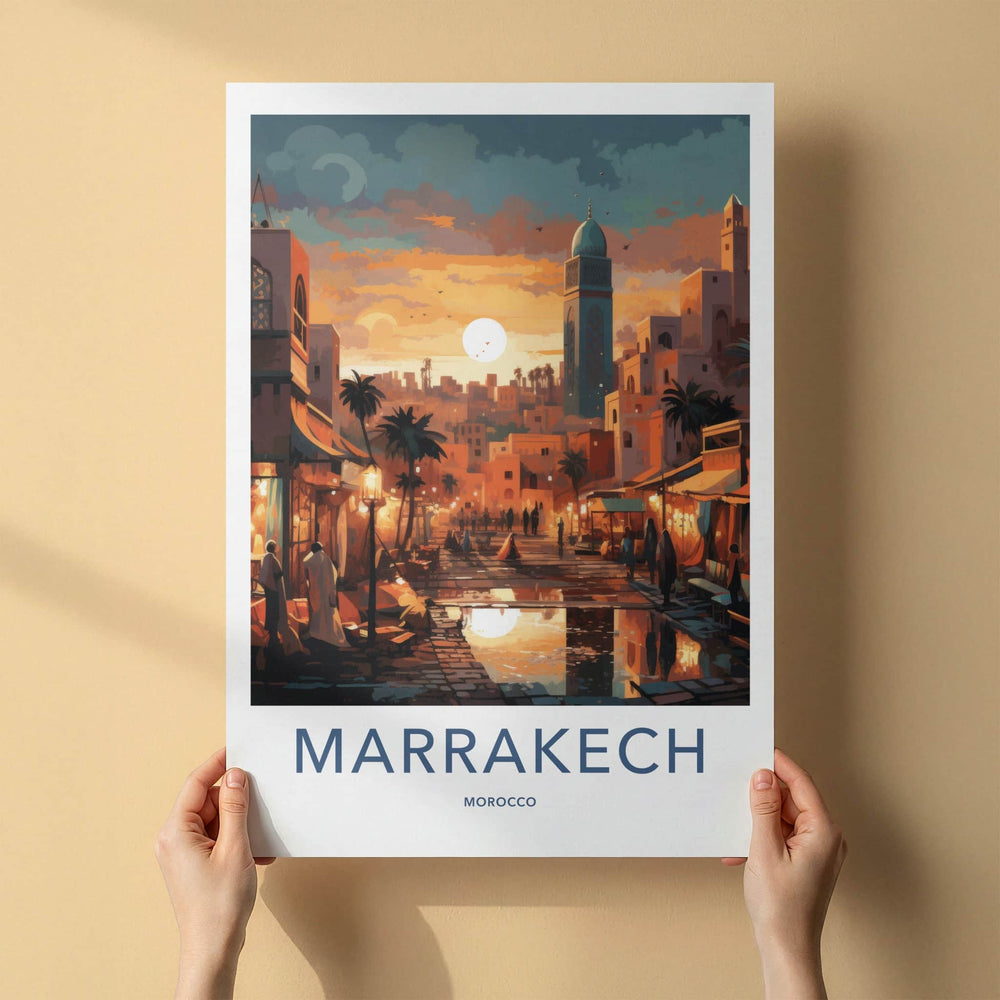 Marrakech Poster - Morocco Travel Art - Vibrant Market Sunset Home Decor