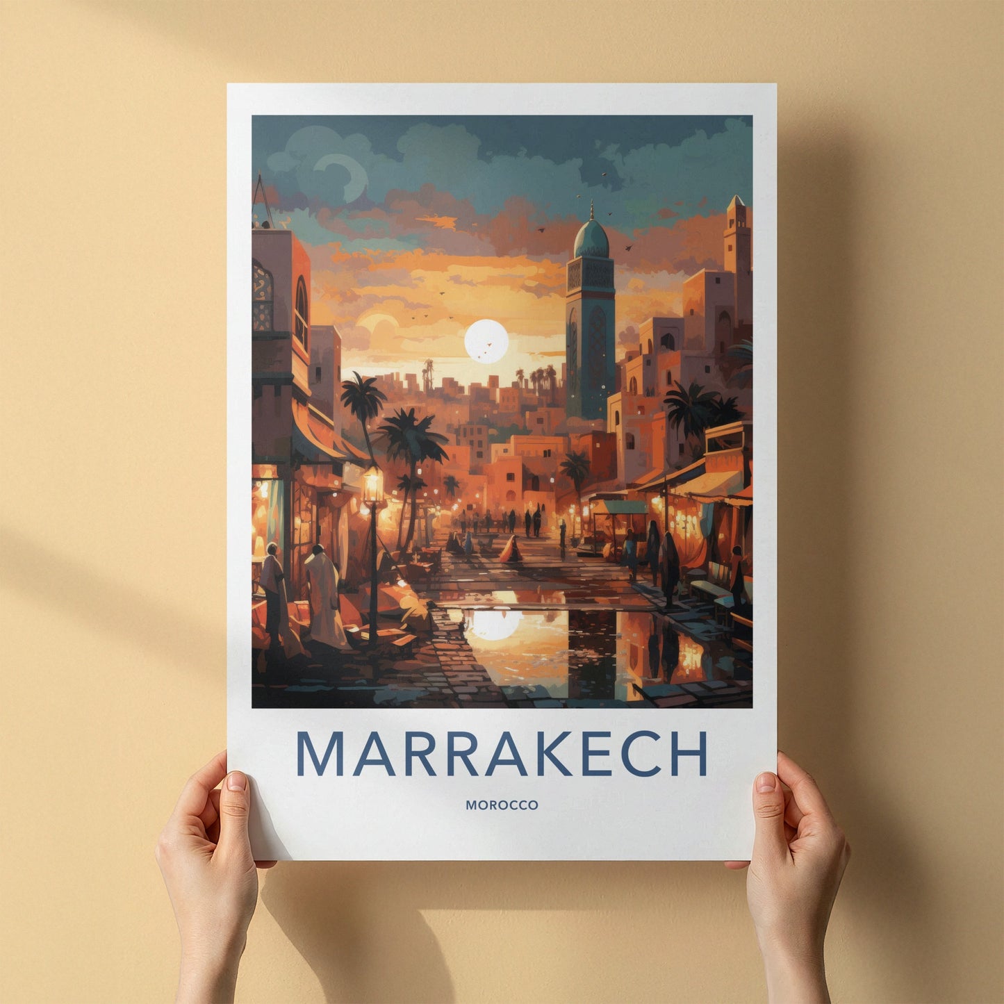 Marrakech Poster - Morocco Travel Art - Vibrant Market Sunset Home Decor