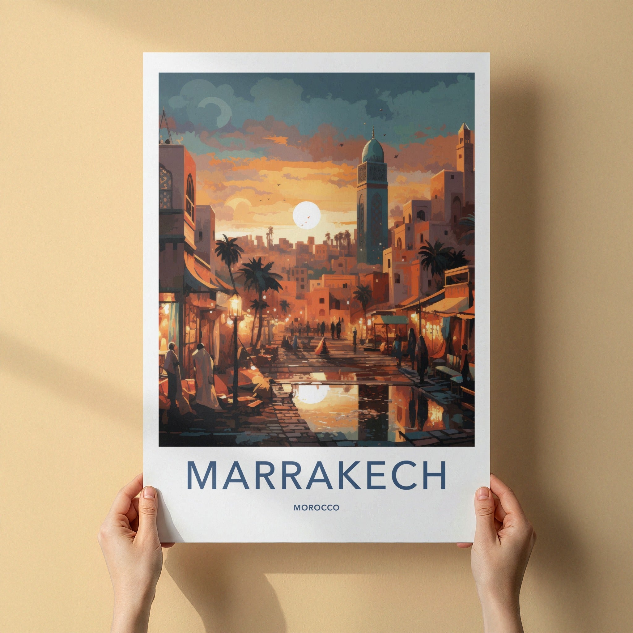 Marrakech Poster - Morocco Travel Art - Vibrant Market Sunset Home Decor