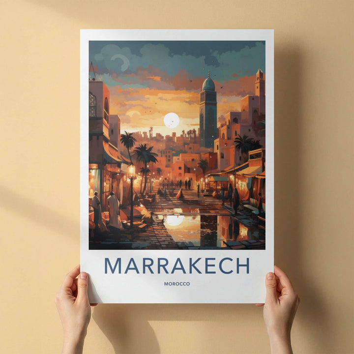 Marrakech Poster - Morocco Travel Art - Vibrant Market Sunset Home Decor