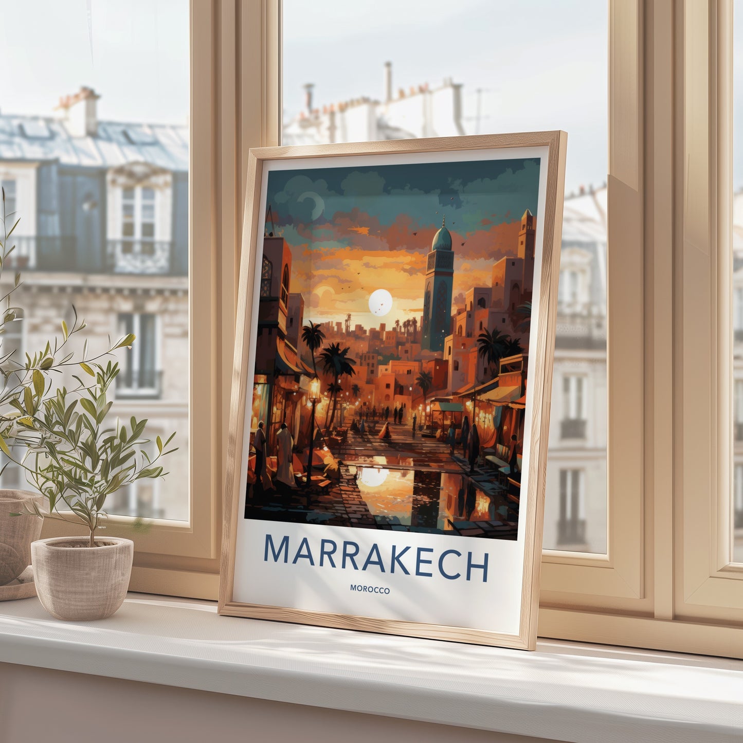 Marrakech Poster - Morocco Travel Art - Vibrant Market Sunset Home Decor