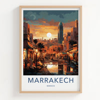 Marrakech Poster - Morocco Travel Art - Vibrant Market Sunset Home Decor