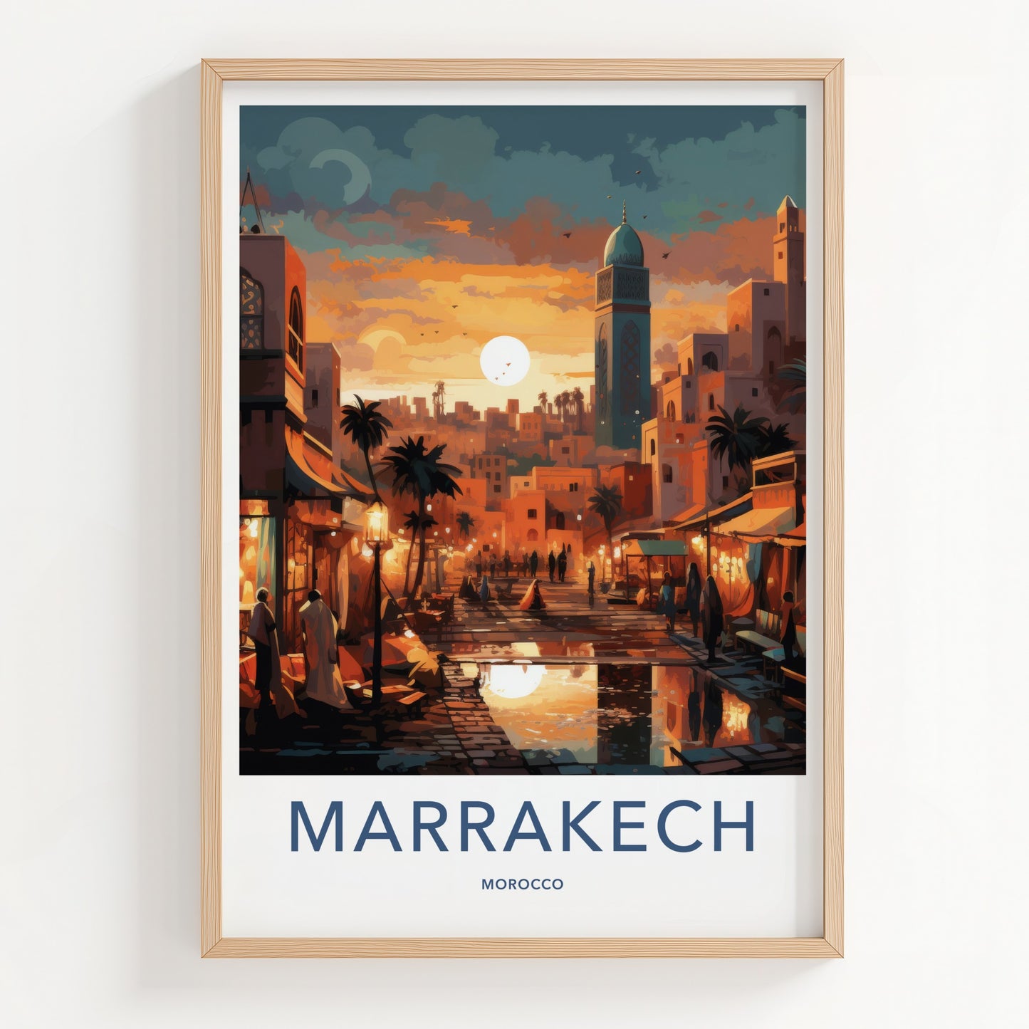 Marrakech Poster - Morocco Travel Art - Vibrant Market Sunset Home Decor
