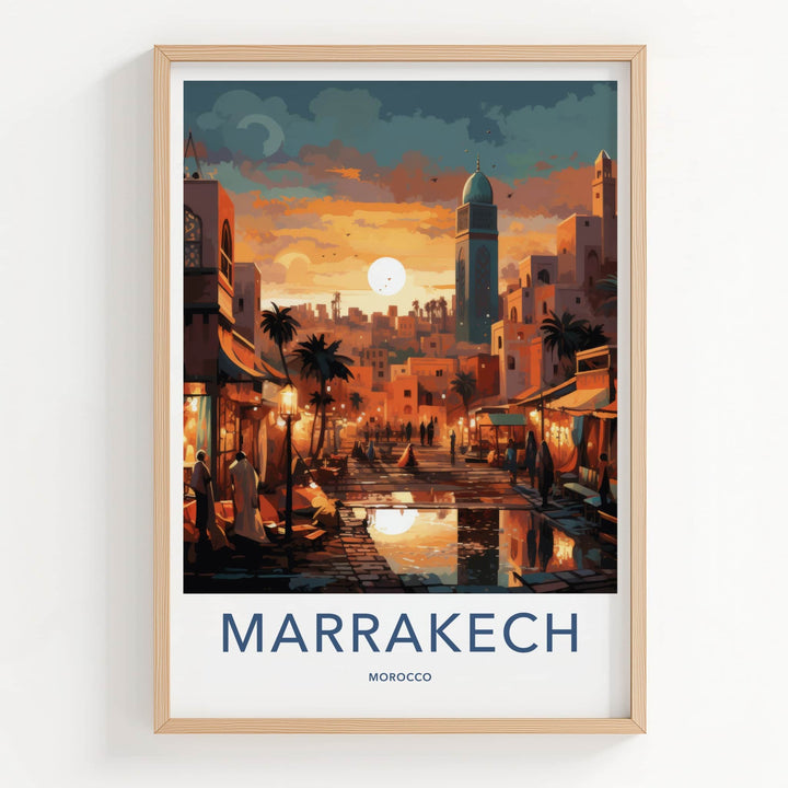 Marrakech Poster - Morocco Travel Art - Vibrant Market Sunset Home Decor