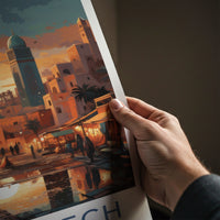 Marrakech Poster - Morocco Travel Art - Vibrant Market Sunset Home Decor