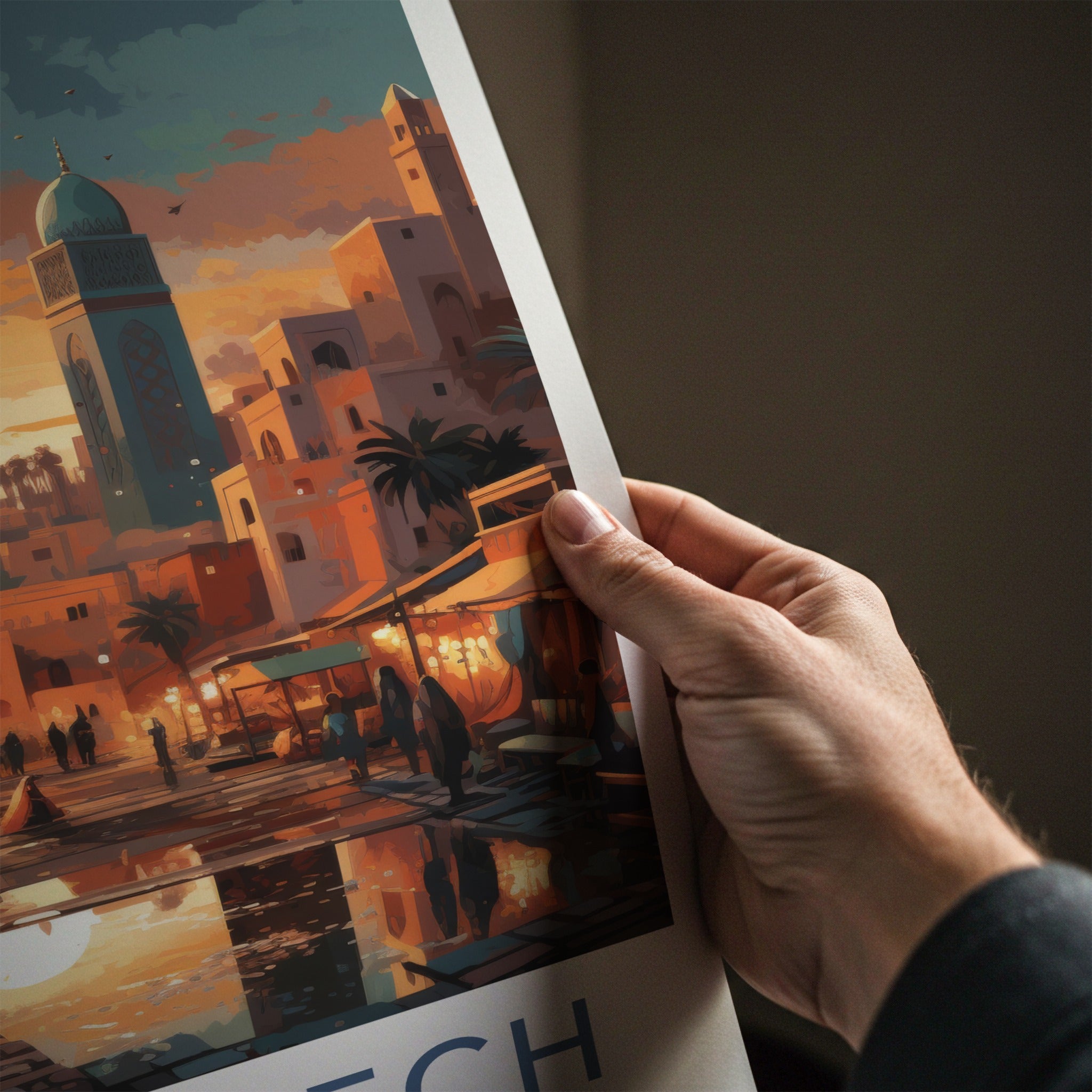 Marrakech Poster - Morocco Travel Art - Vibrant Market Sunset Home Decor