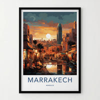Marrakech Poster - Morocco Travel Art - Vibrant Market Sunset Home Decor