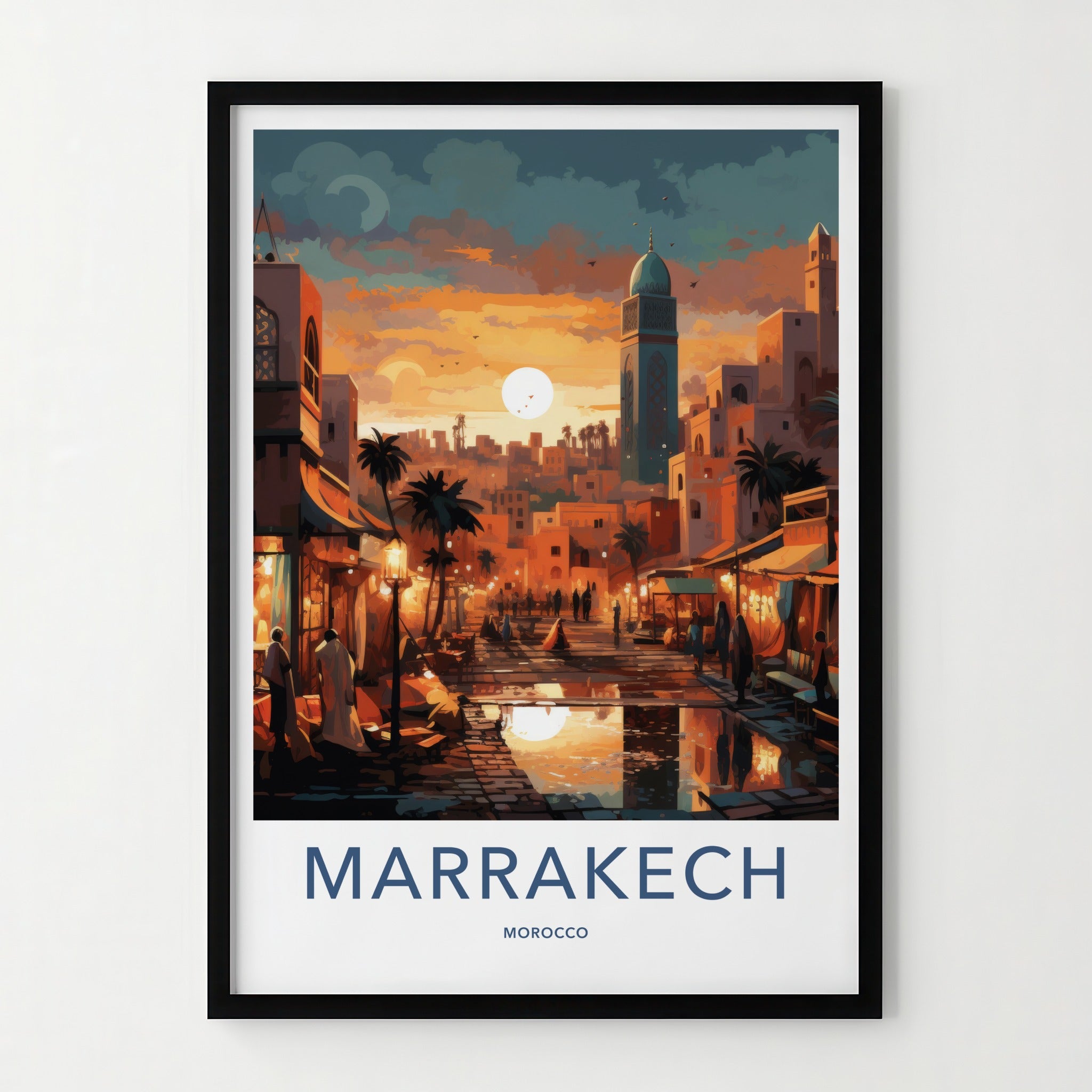 Marrakech Poster - Morocco Travel Art - Vibrant Market Sunset Home Decor