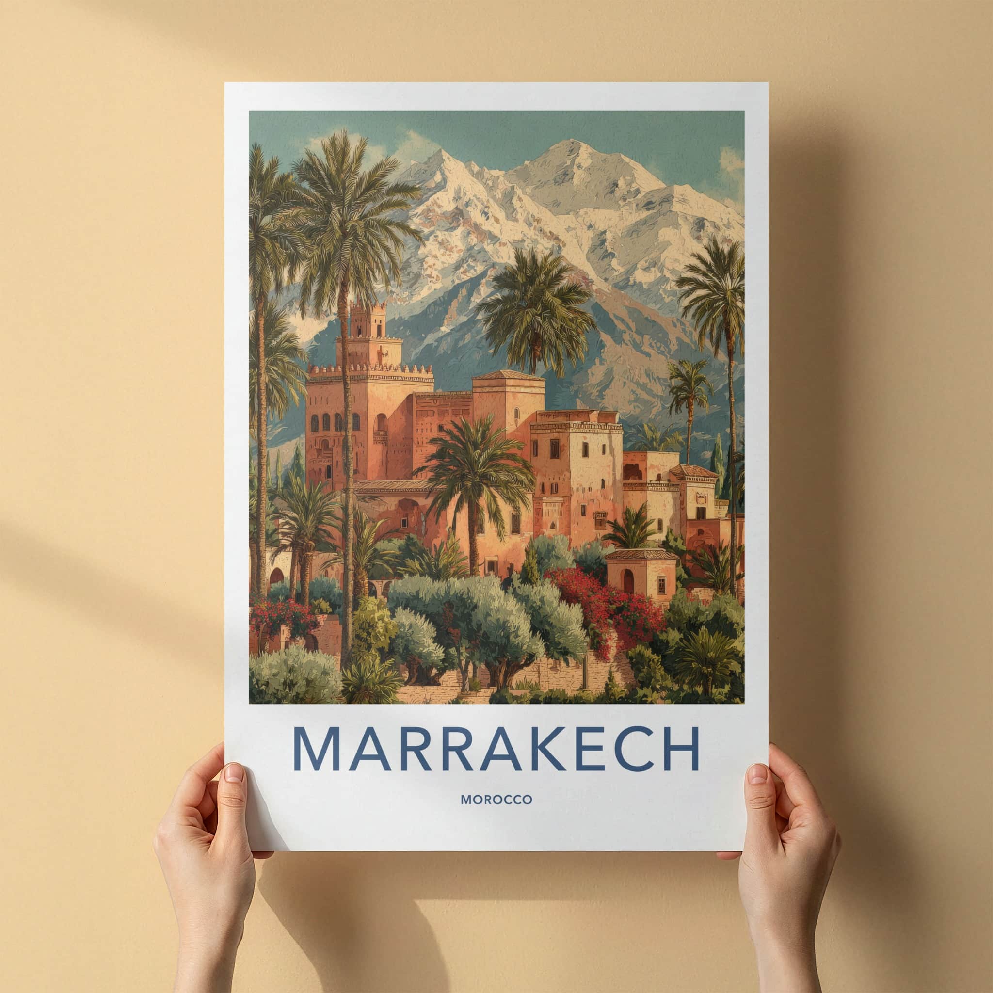 Marrakech Poster - Morocco Travel Print - Palm Tower Mountain Home Decor