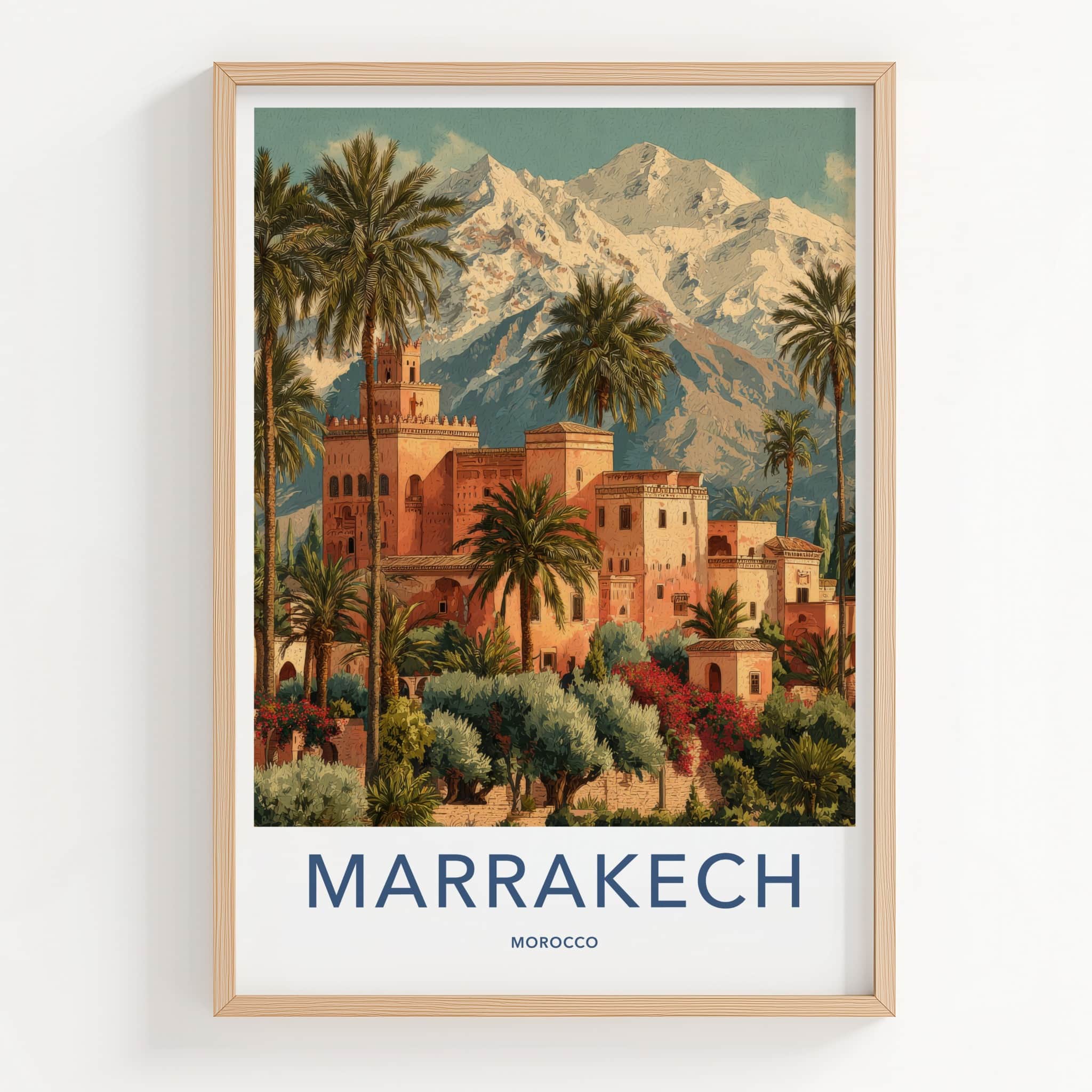 Marrakech Poster - Morocco Travel Print - Palm Tower Mountain Home Decor