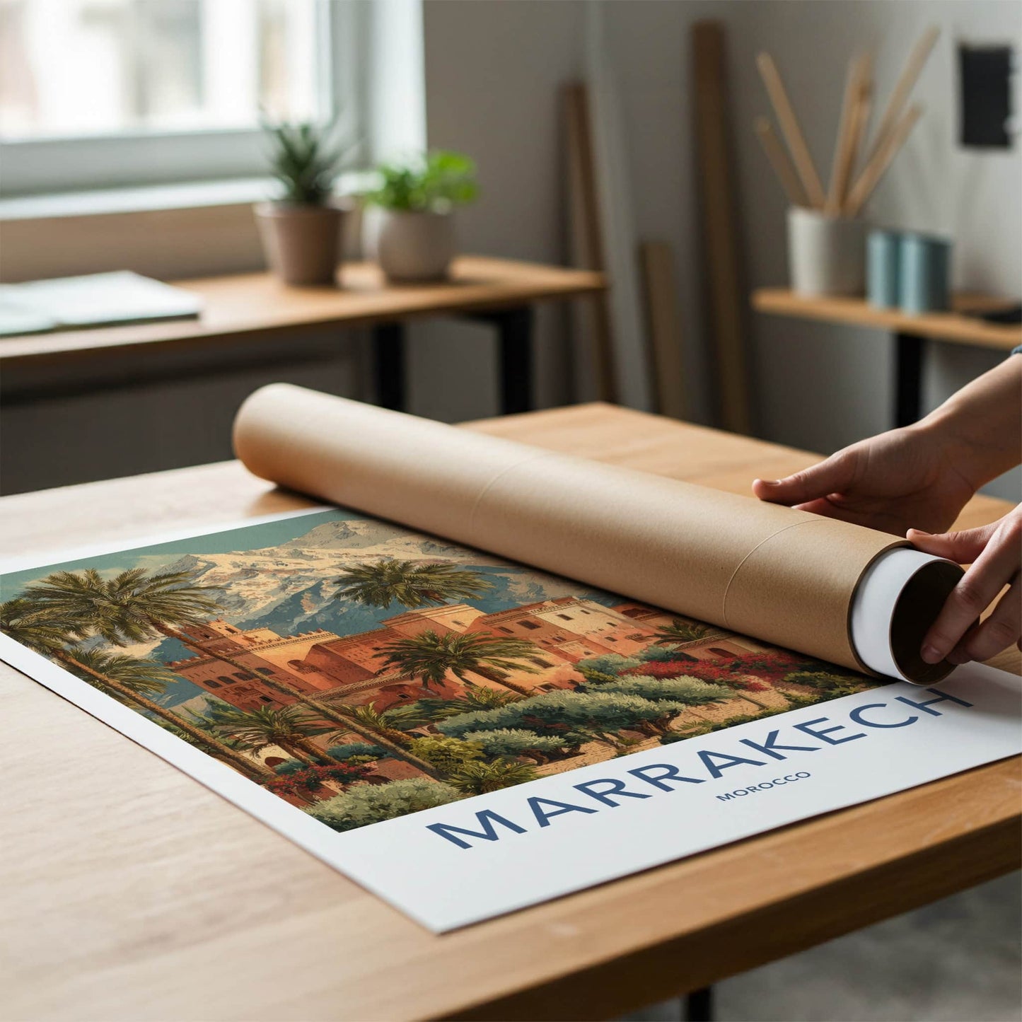 Marrakech Poster - Morocco Travel Print - Palm Tower Mountain Home Decor