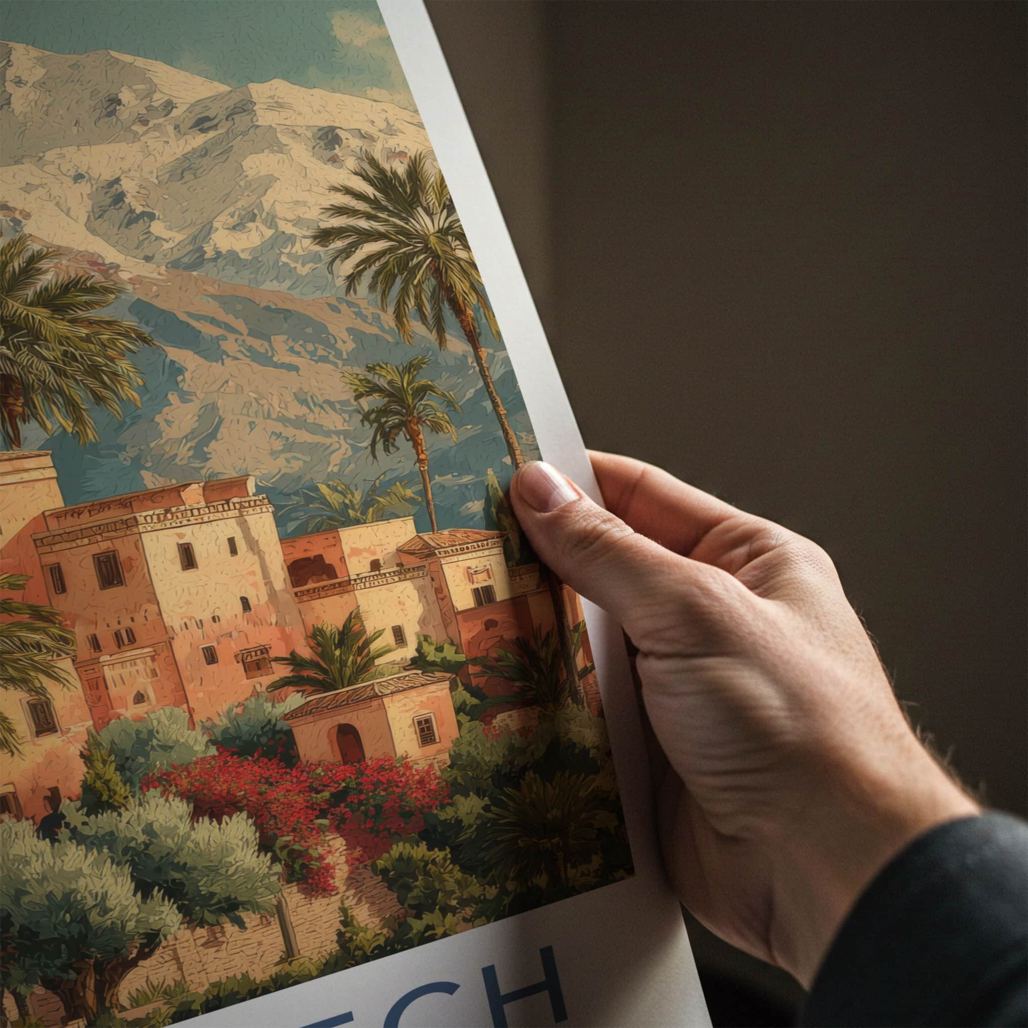 Marrakech Poster - Morocco Travel Print - Palm Tower Mountain Home Decor