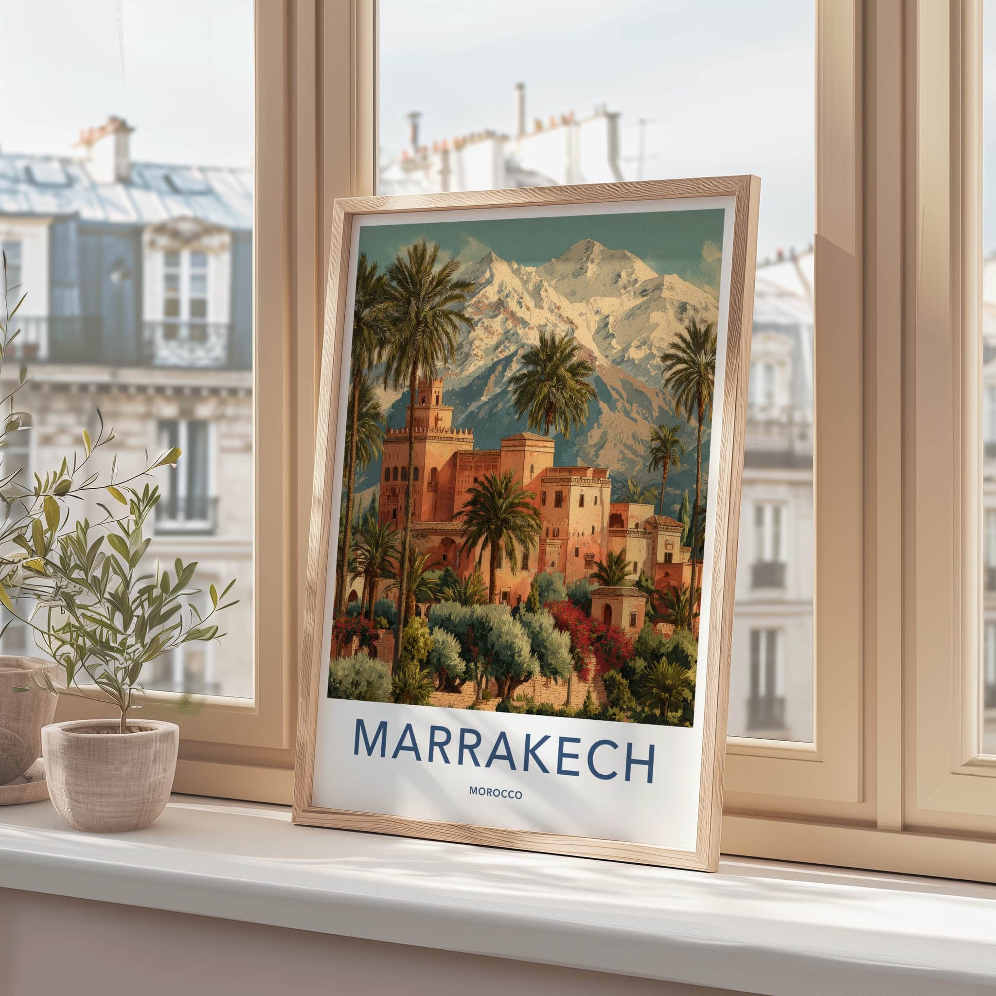 Marrakech Poster - Morocco Travel Print - Palm Tower Mountain Home Decor