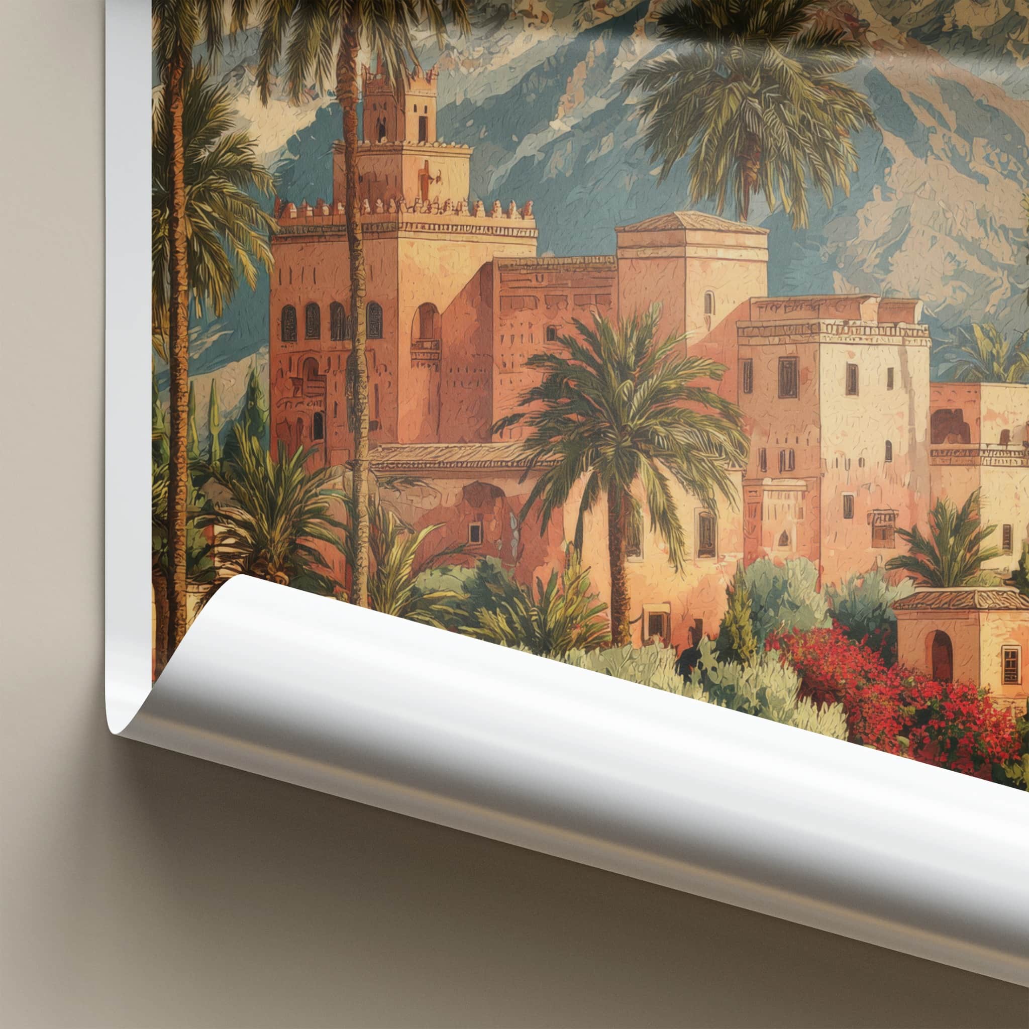 Marrakech Poster - Morocco Travel Print - Palm Tower Mountain Home Decor