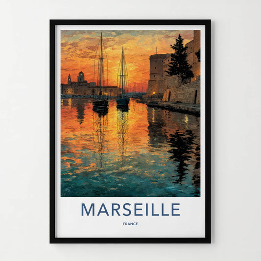 Marseille Poster - France Travel Art - Colorful Harbor Sunset Wall Decor