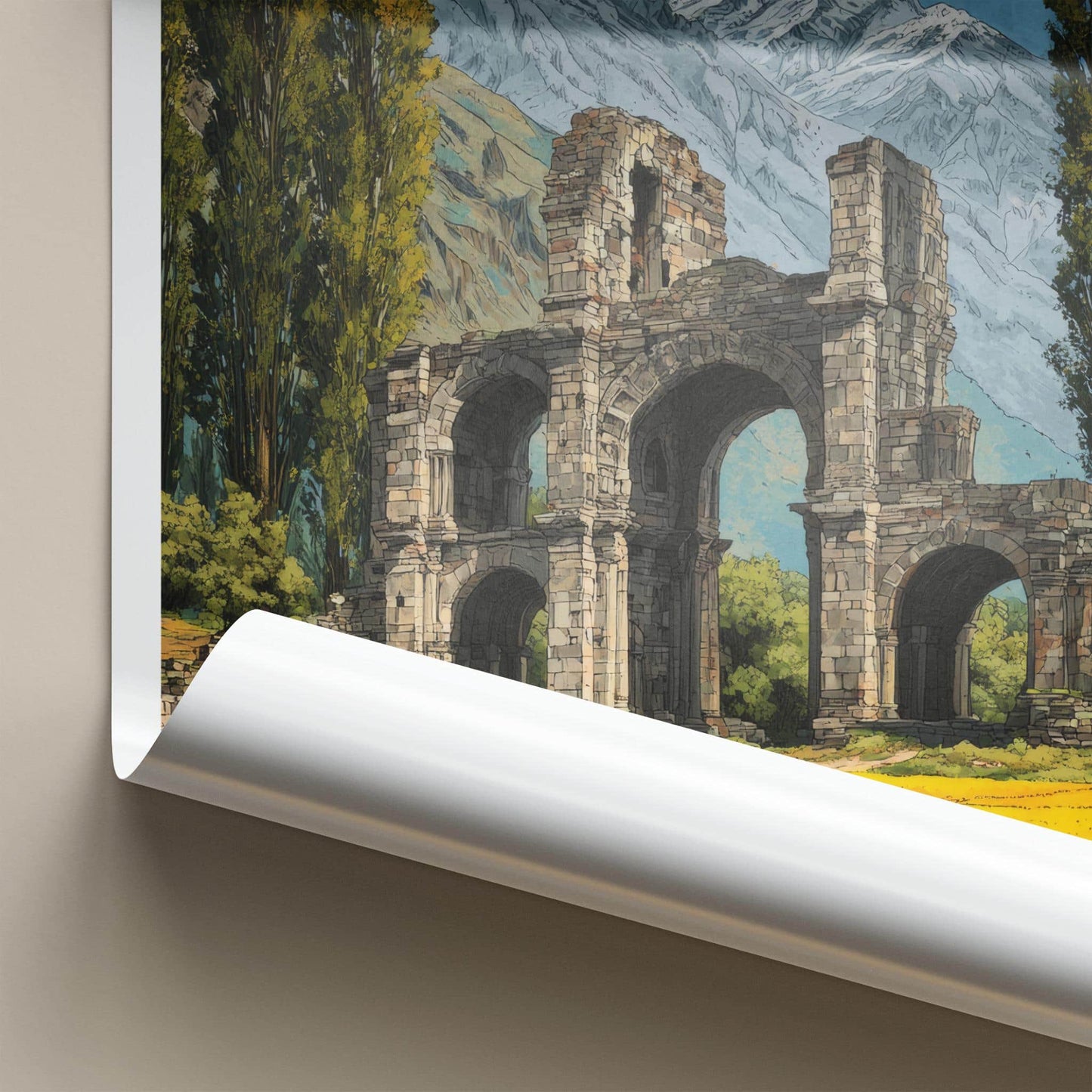 Martand Poster - India Travel Art - Kashmir Temple Mountain Landscape Wall Decor