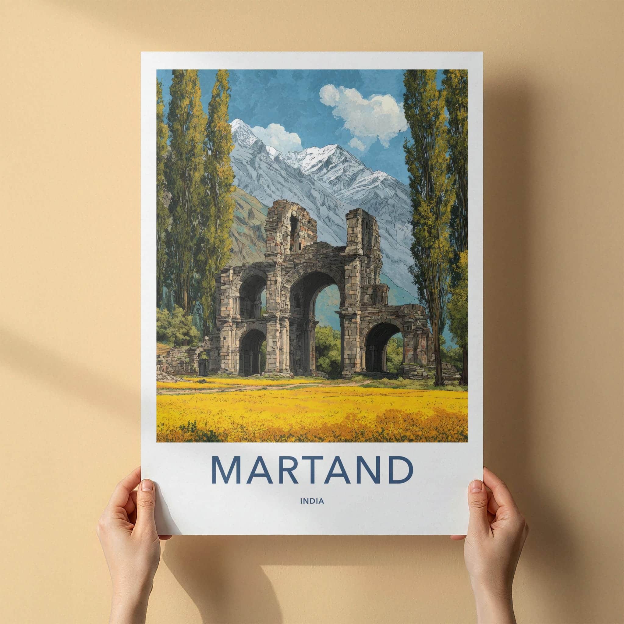 Martand Poster - India Travel Art - Kashmir Temple Mountain Landscape Wall Decor